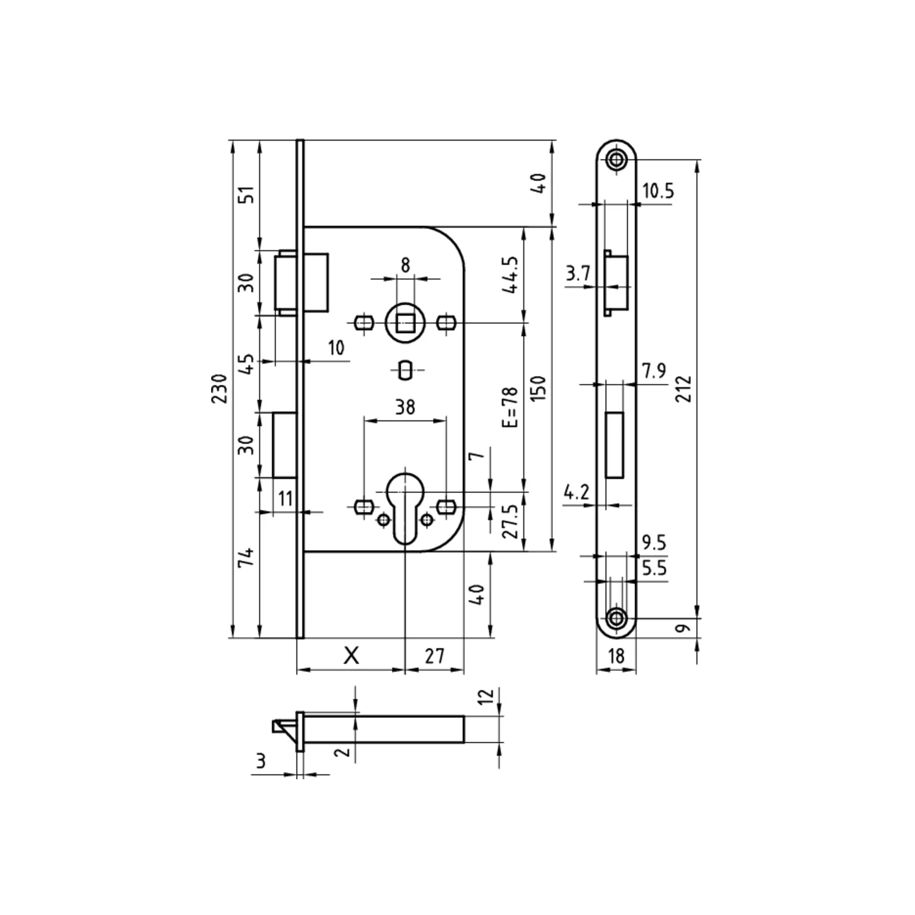 Glutz Einsteckschloss leicht 1004 Dornmass 40mm Nuss 8mm