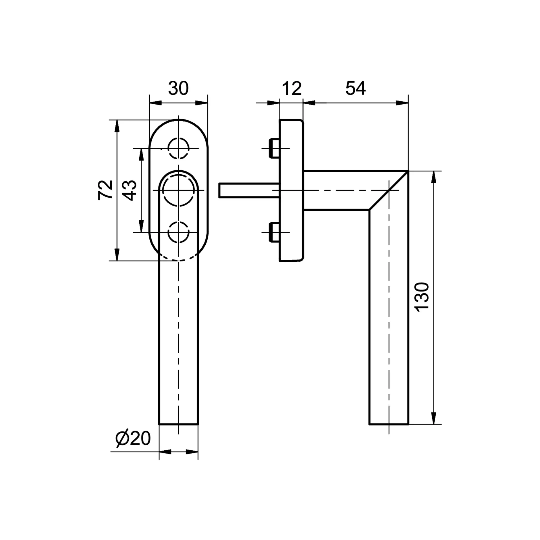 Glutz Poignée de fenêtre 50001/51001CF Ø20mm 130x66mm 7x38mm